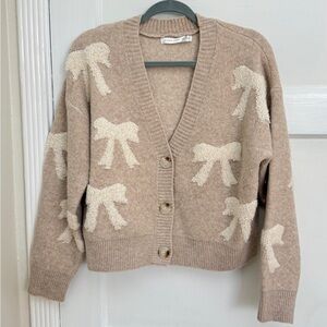 Cozy Beige Bow Knit Cardigan
